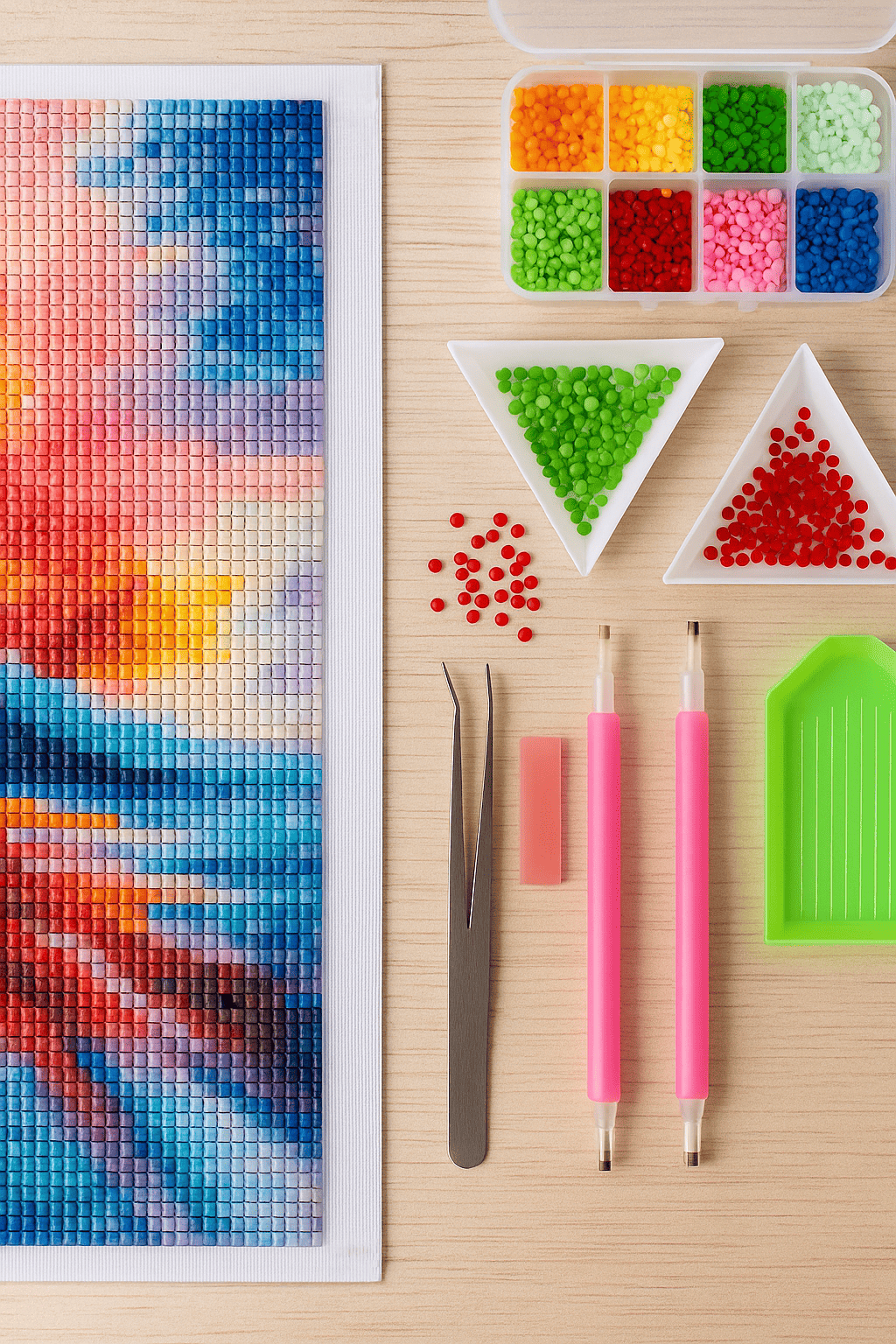 Realistische afbeelding van Diamond Painting tools en opbergsystemen – inclusief trays, pen, steentjes en sorteerbakje op een creatieve werkplek