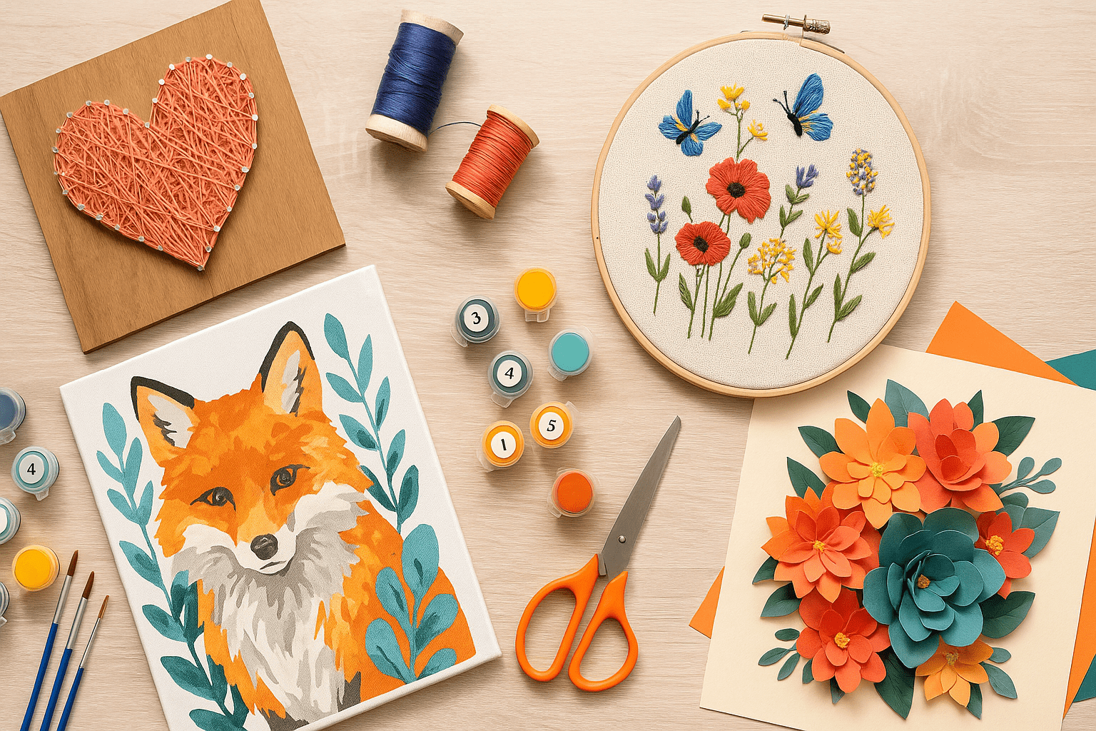 Een foto toont een verzameling creatieve hobbyprojecten en materialen, waaronder schilderen op nummer, diamond painting en knutselspullen.