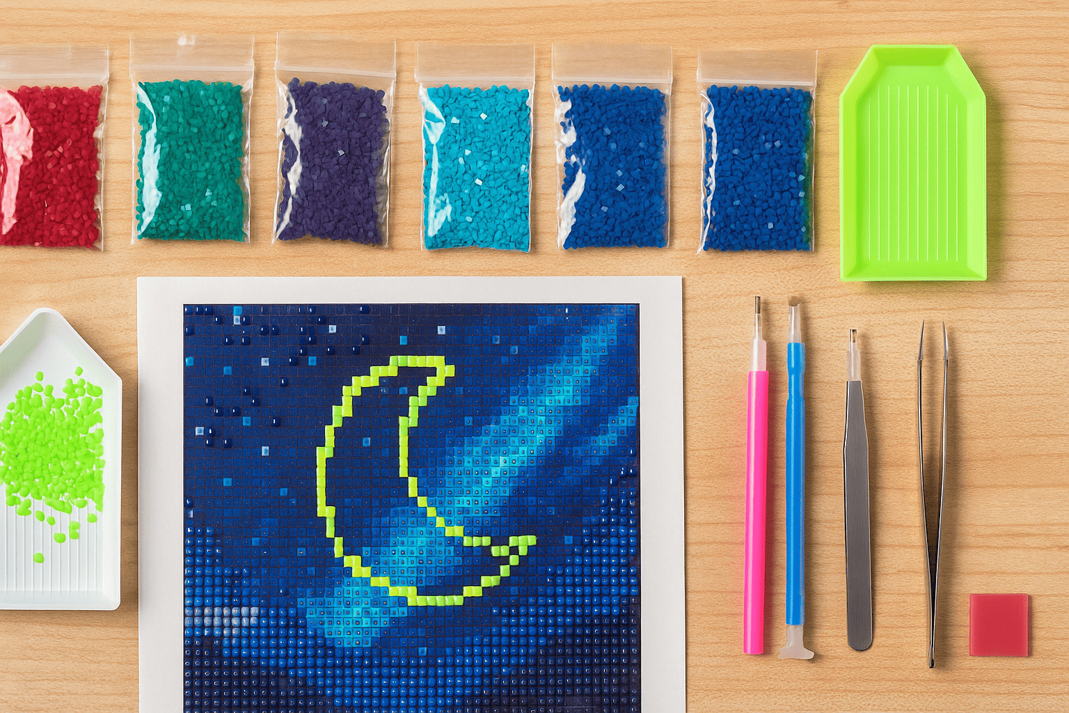 Diamond Painting materialen en canvas met halve maan in blauwe nachtlucht