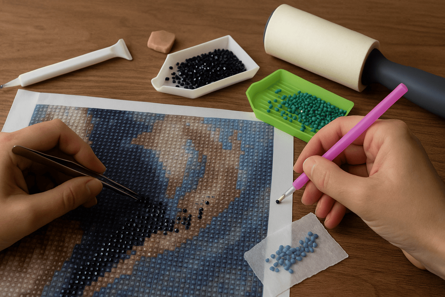 Handen corrigeren fout geplakte steentjes op een Diamond Painting canvas met behulp van een pincet en pen, omringd door tools en gekleurde steentjes.