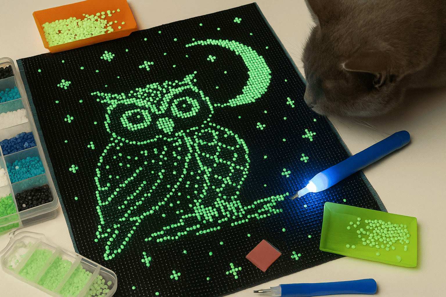 Glow-in-the-dark Diamond Painting van een uil met maan en sterren op zwart canvas