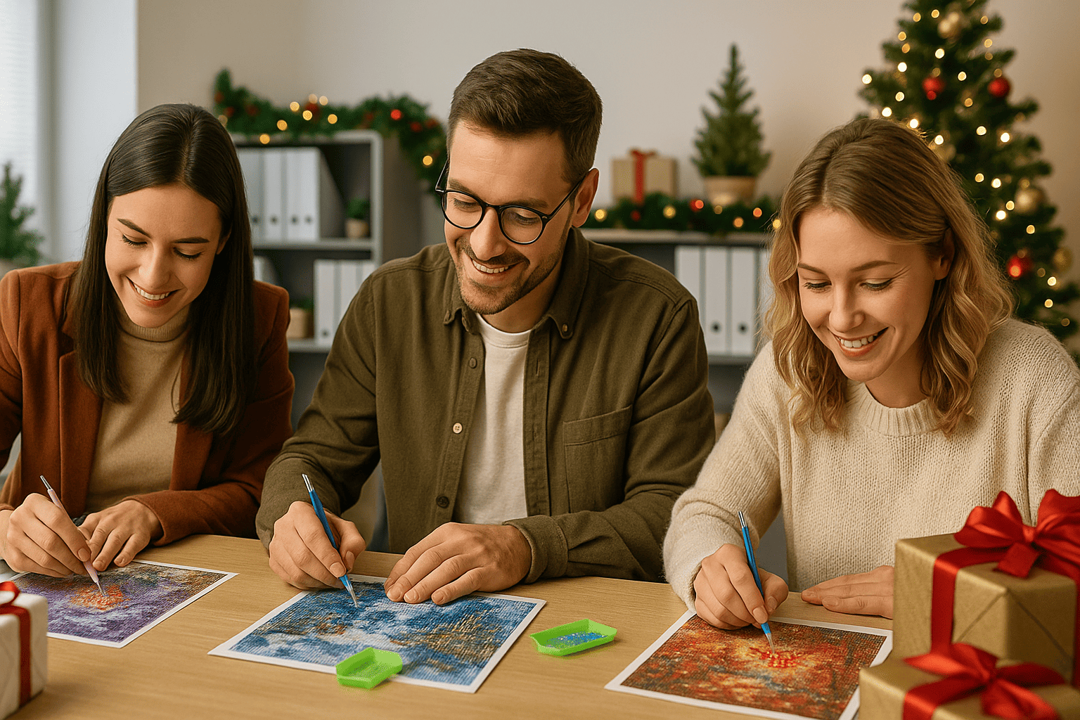 Drie collega’s werken aan diamond painting tijdens een kerst teambuilding op kantoor, met versierde kerstboom en cadeautjes op de achtergrond.