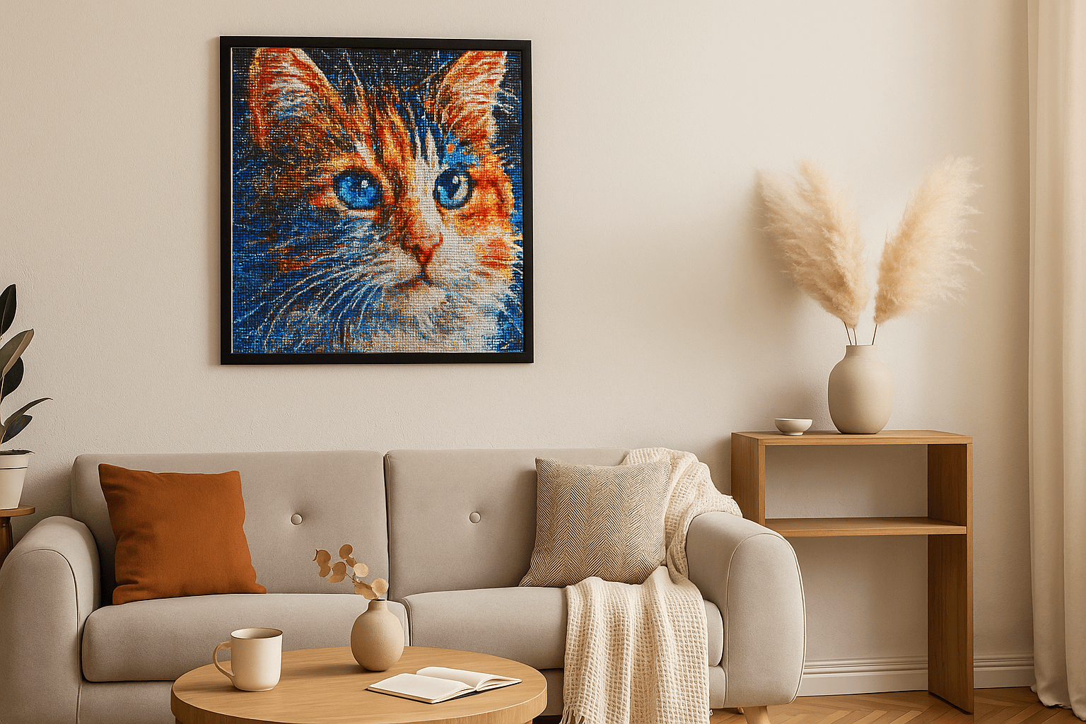 Diamond Painting met kleurrijke kat boven een beige bank in sfeervol ingerichte woonkamer