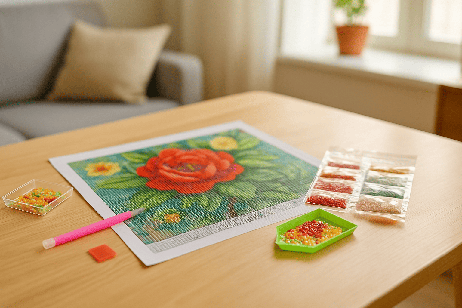Goedkope diamond painting set met accessoires en kleurrijk canvas op tafel in zonnige woonkamer