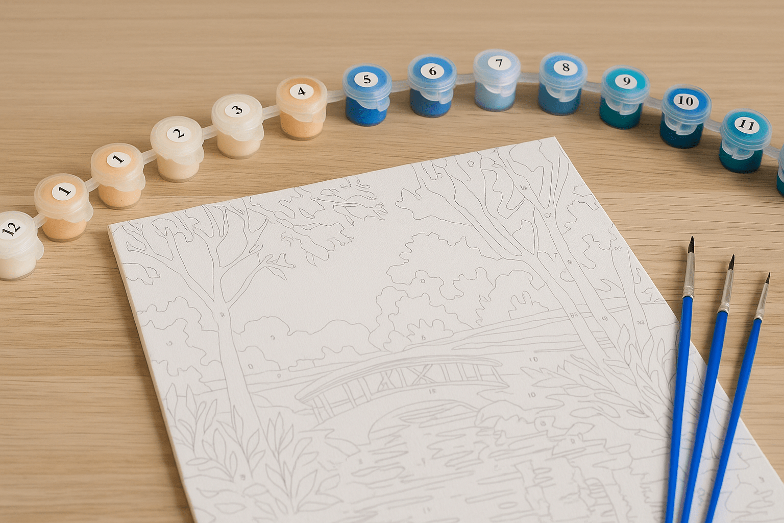 Schilderen op nummer pakket met canvas, blauwe penselen en verfpotjes op een houten tafel, klaar om te starten.