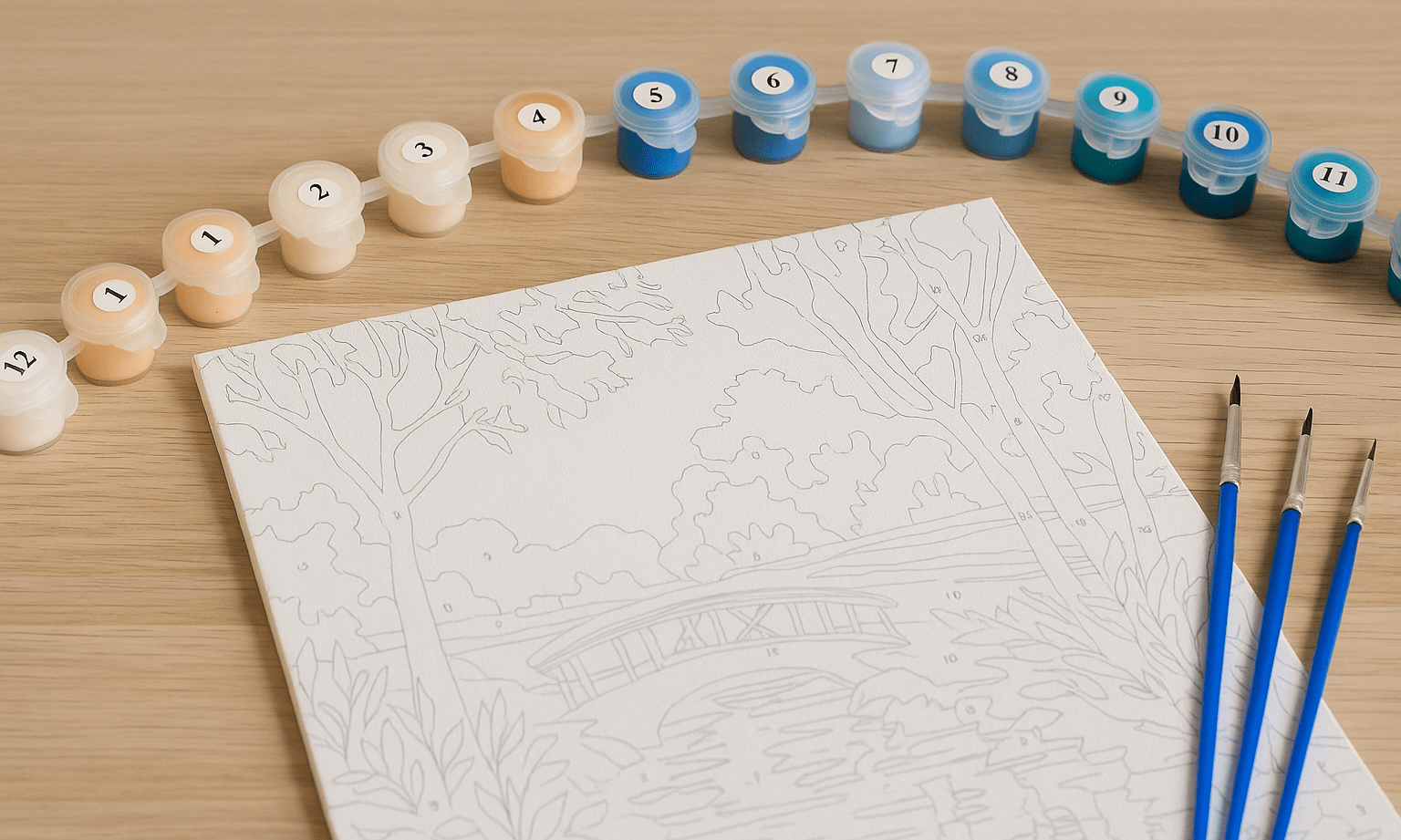 Schilderen op nummer pakket met canvas, blauwe penselen en verfpotjes op een houten tafel, klaar om te starten.