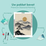 Diamond Painting Bergen in inkt met gouden maan Japan