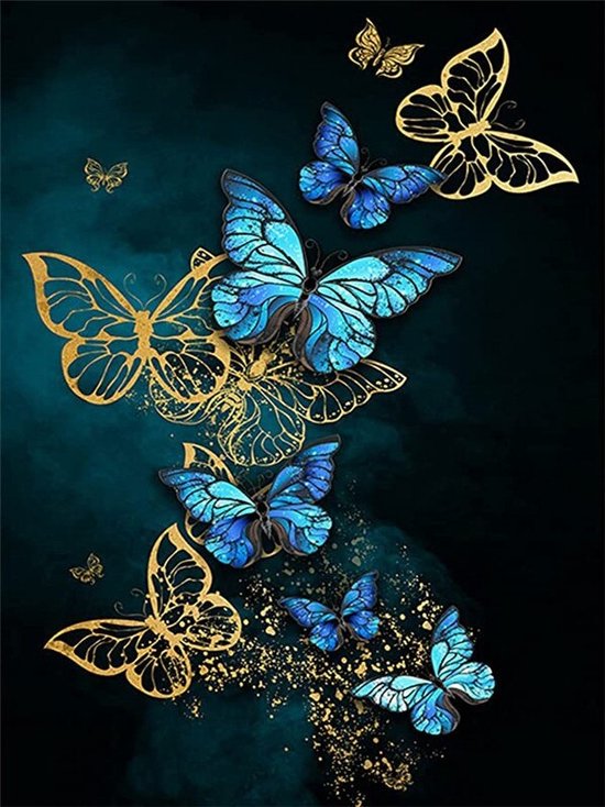 Diamond Painting Blauwe en Gouden Vlinders
