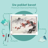Diamond Painting Kersenbloesem voor mistige bergtoppen Japandi panorama Japan