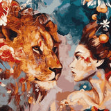 Schilderen op nummer Leeuw met Bloemen en Vrouw