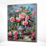 Schilderen op nummer Roze Bloemen met Zilveren Vaas