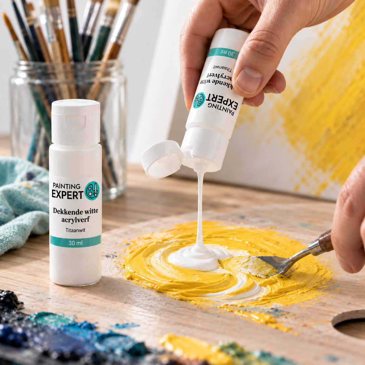 Witte acrylverf van Painting Expert wordt gemengd met gele verf op een palet