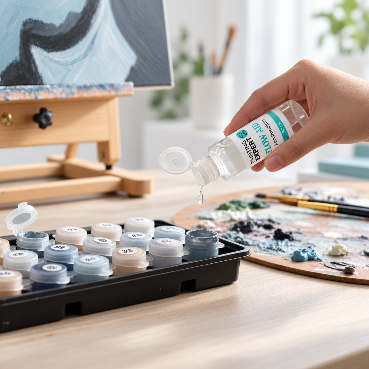 Een hand voegt Painting Expert Flow Aid toe aan een open potje acrylverf.