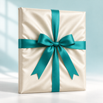 Ivoorkleurige satijnen cadeauverpakking om een schilderdoek met turquoise strik