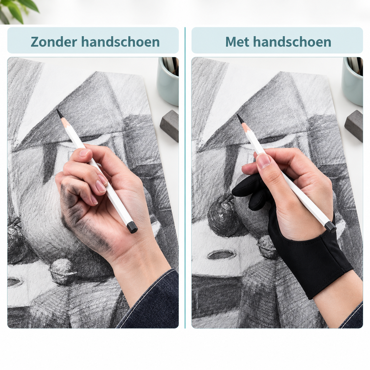 Vergelijking van tekenen zonder en met een zwarte schildershandschoen