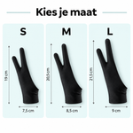 Maattabel schildershandschoen: S 19 bij 7,5 cm, M 20,5 bij 8,5 cm en L 21,5 bij 9 cm