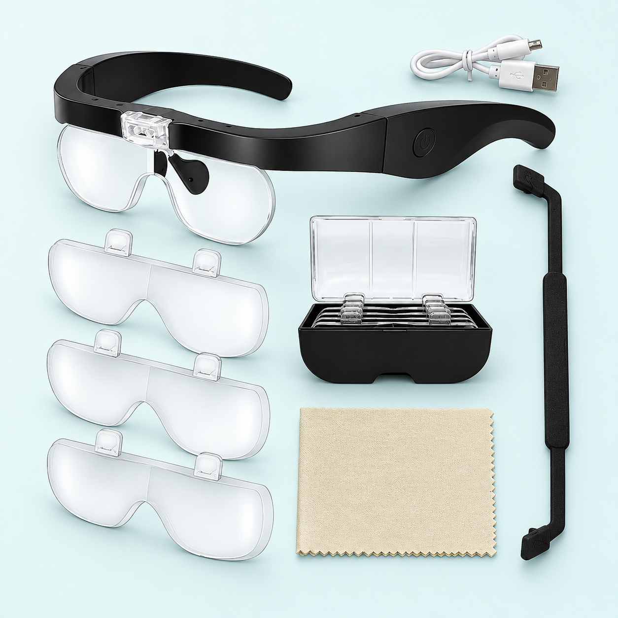 Vergrootbril met ledverlichting, verwisselbare lenzen, opbergdoosje, hoofdband, USB-kabel en poetsdoek