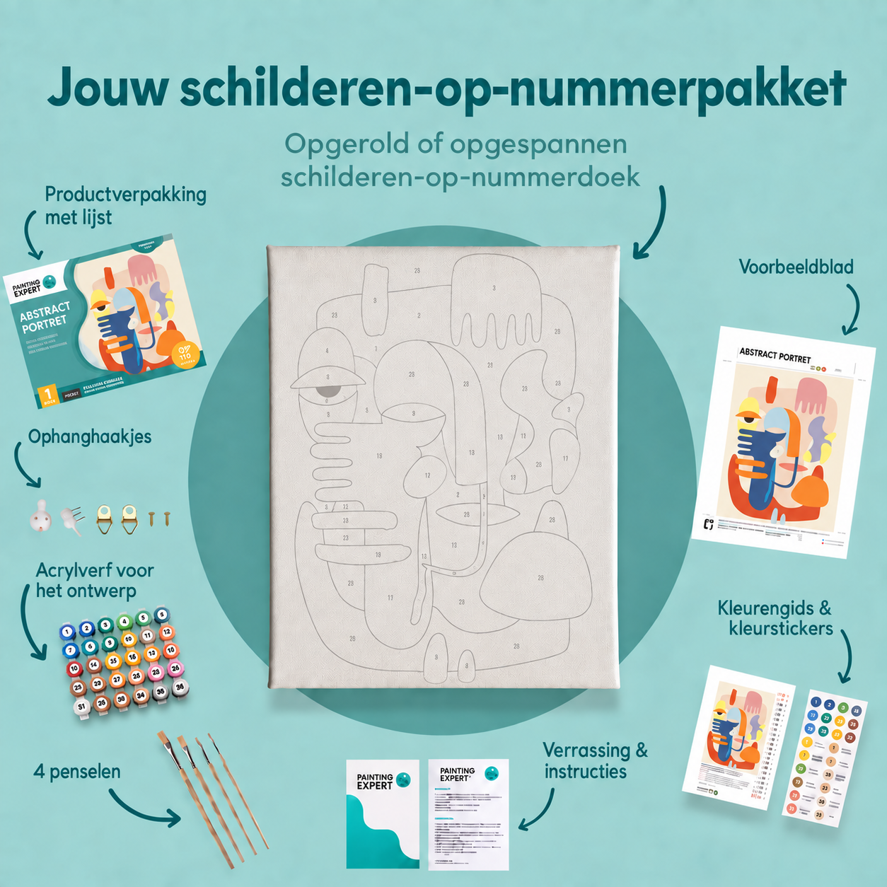 Inhoud van het schilderen-op-nummerpakket Abstract Portret