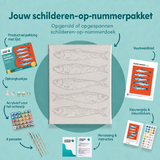 Inhoud van het schilderen-op-nummerpakket Blauwe Sardines