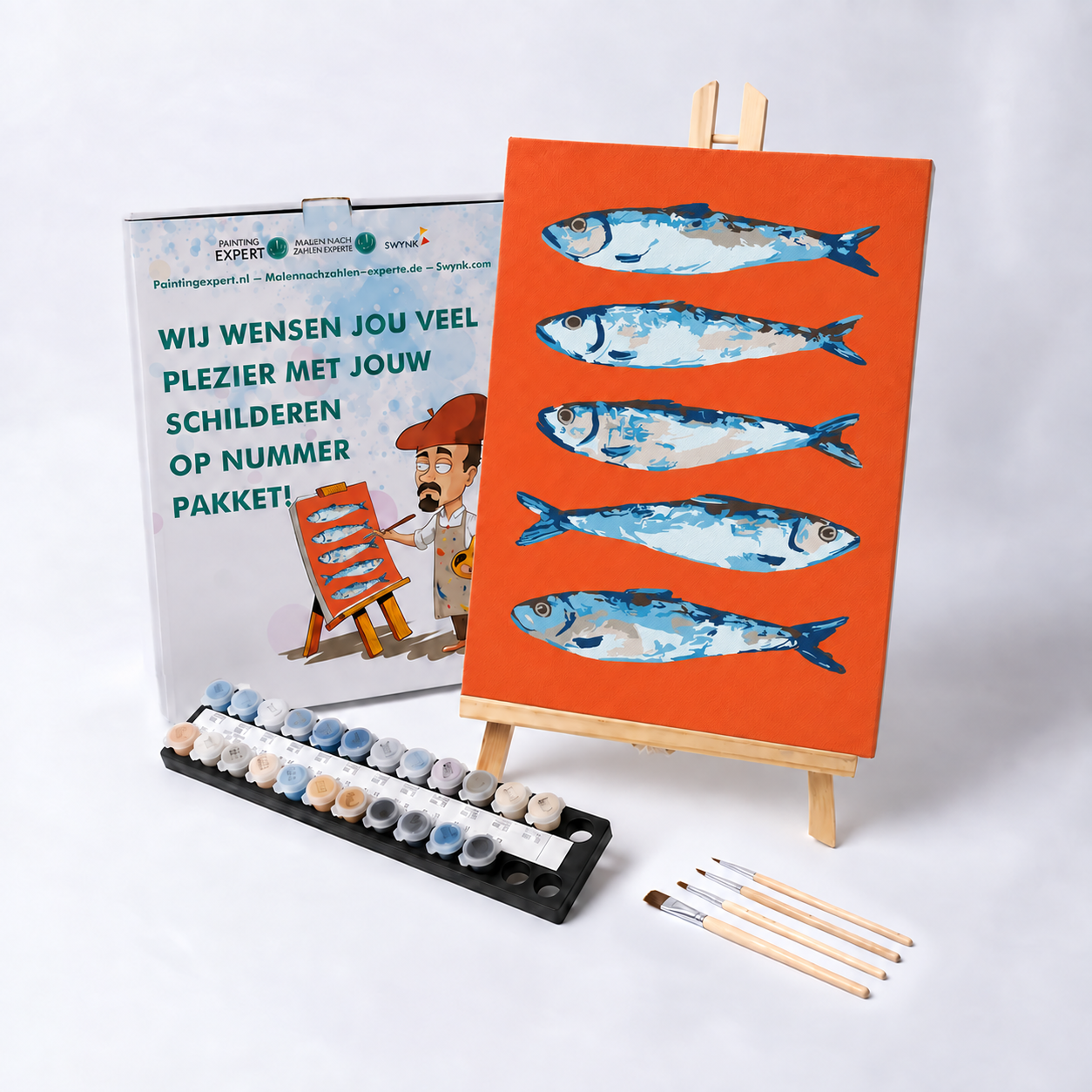 Blauwe Sardines met verf en penselen