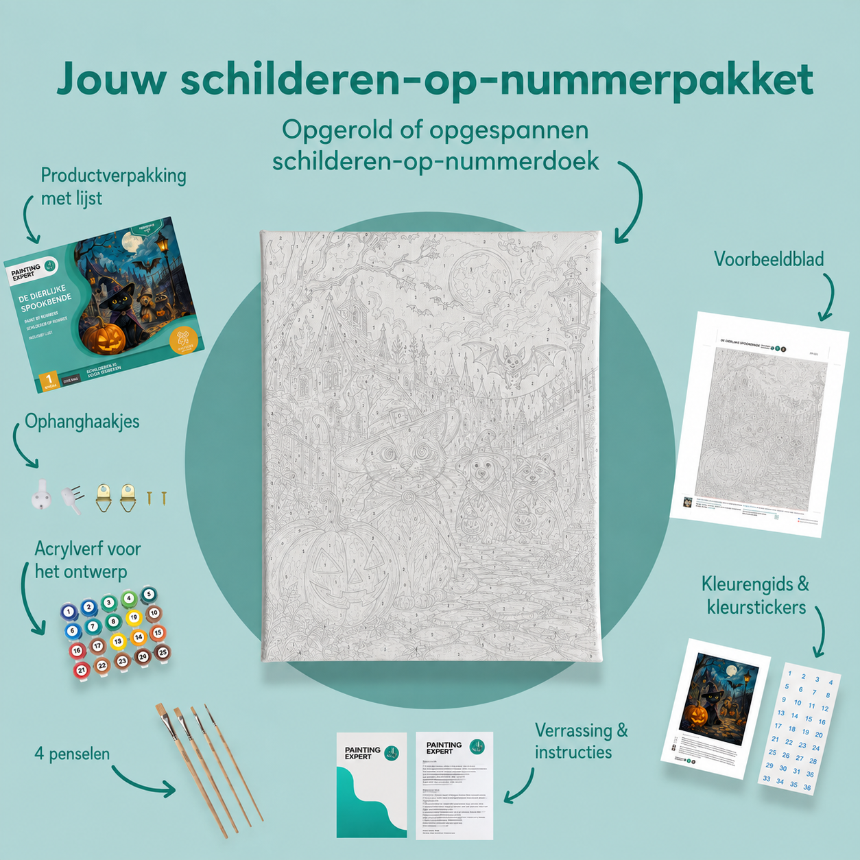 Inhoud van het schilderen-op-nummerpakket De dierlijke spookbende