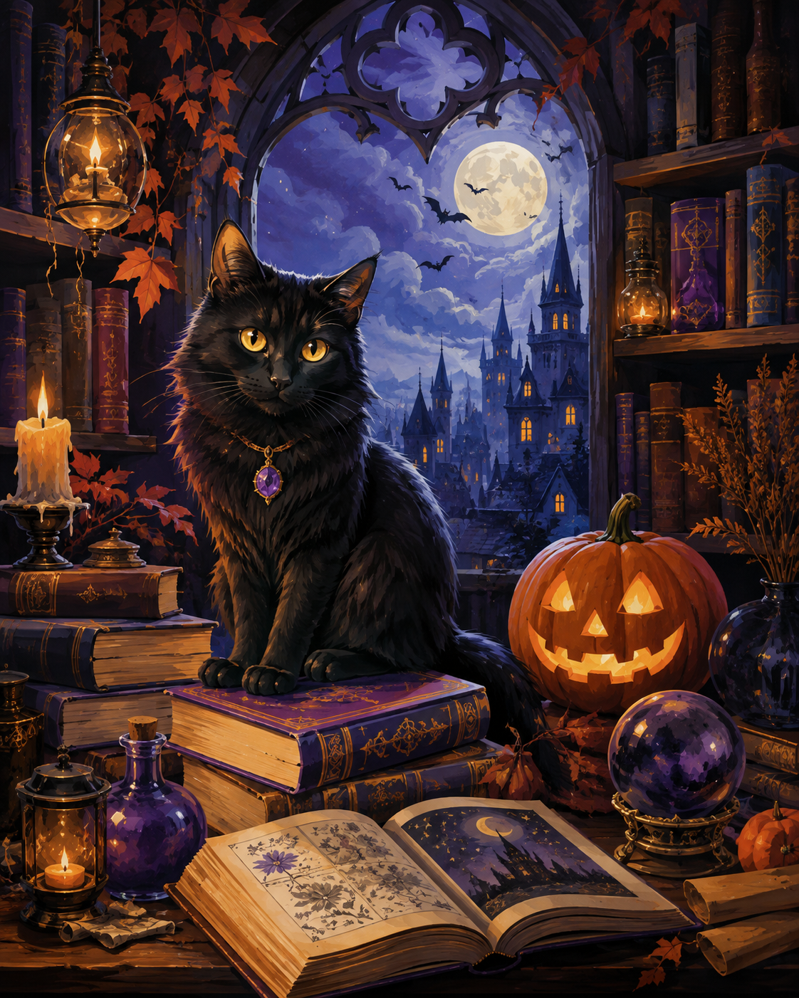 Schilderen op nummer De kat in de toverbibliotheek – Halloween