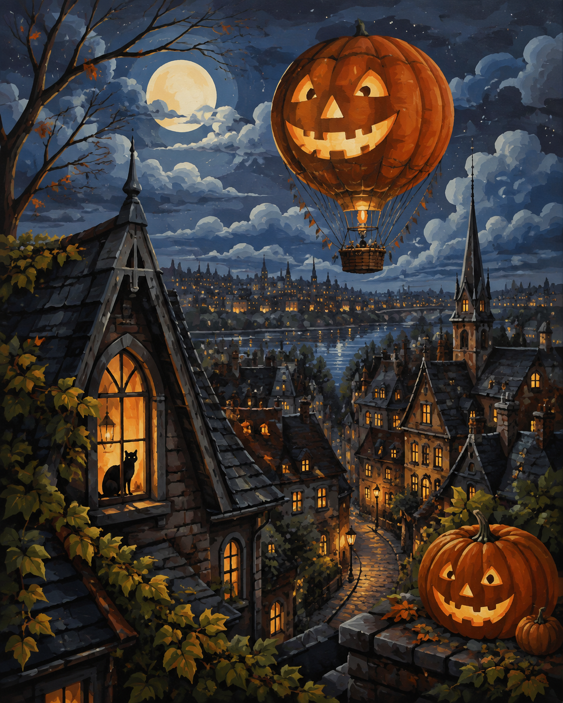 Schilderen op nummer De pompoenballon boven de nachtstad – Halloween