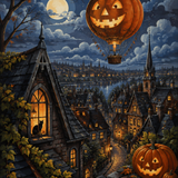 Schilderen op nummer De pompoenballon boven de nachtstad – Halloween