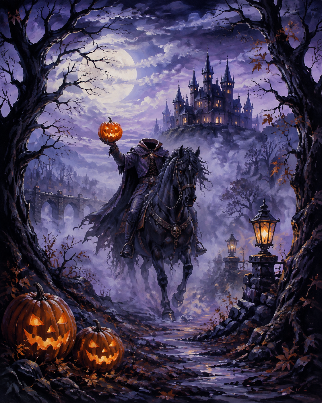 Schilderen op nummer De ruiter zonder hoofd in de mist – Halloween