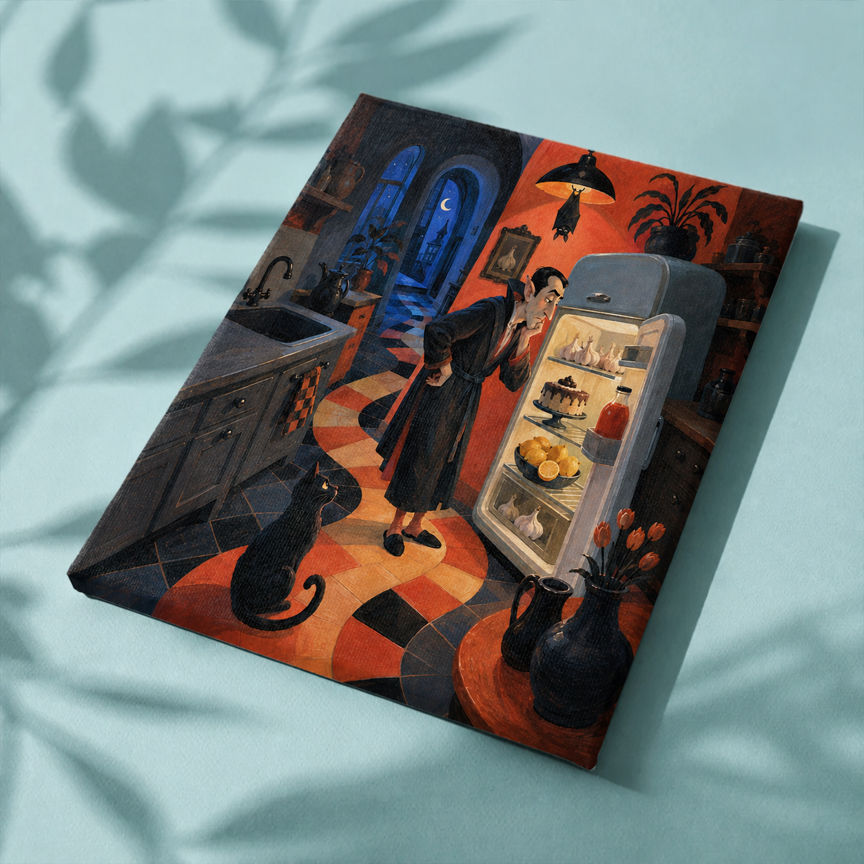 Afgewerkt canvas De vampier bij de koelkast op stof