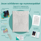 Inhoud van het schilderen-op-nummerpakket De vergeten bibliotheek