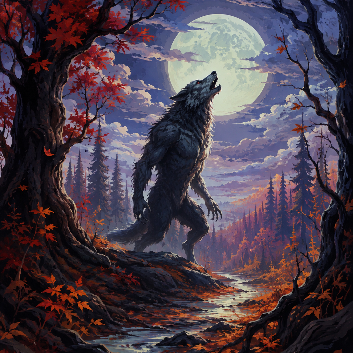 Schilderen op nummer De weerwolf in het rode bos – Halloween