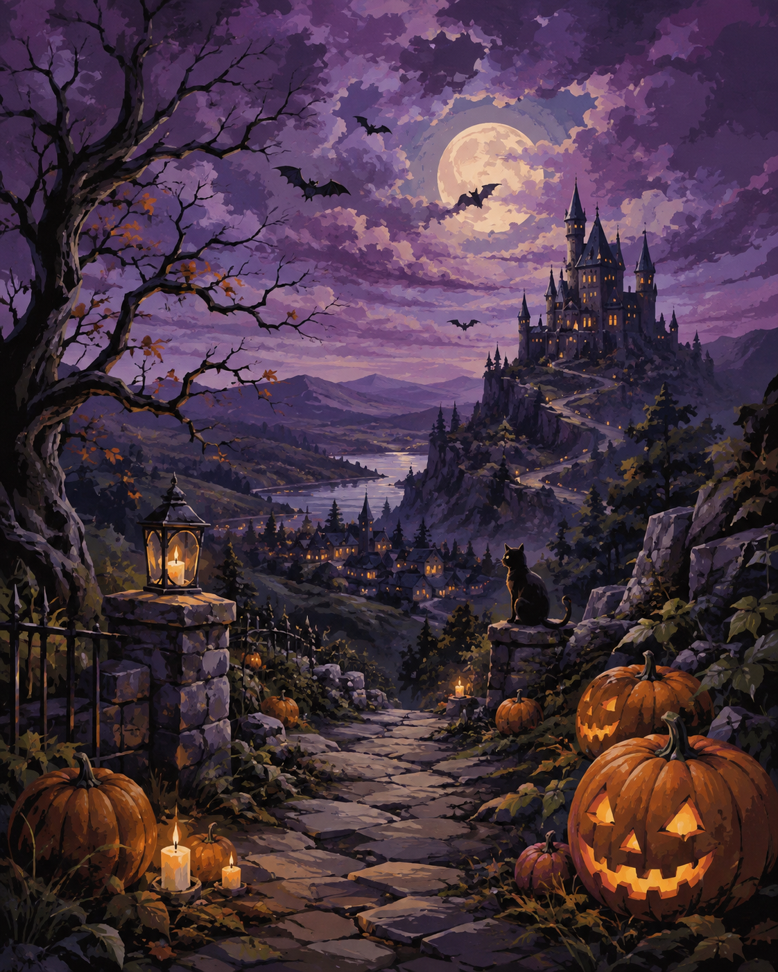 Schilderen op nummer Griezelavond onder paarse wolken – Halloween
