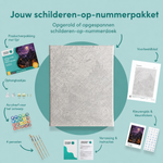 Inhoud van het schilderen-op-nummerpakket Griezelavond onder paarse wolken