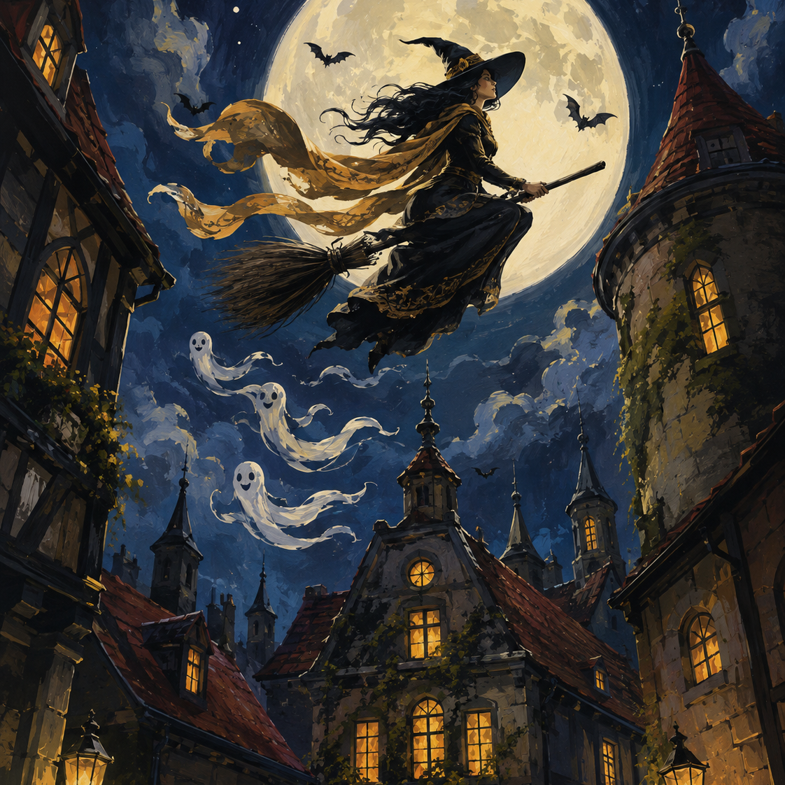 Schilderen op nummer Heksenvlucht boven de maanstad – Halloween