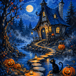 Schilderen op nummer Het geheimzinnige huisje aan de beek – Halloween