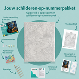 Inhoud van het schilderen-op-nummerpakket Het lichtgevende moerasgeheim