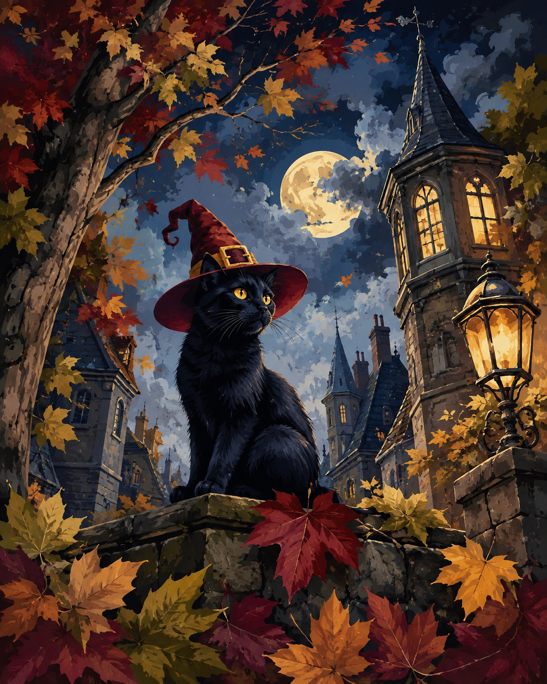 Schilderen op nummer Hoed, kat en herfstbladeren – Halloween