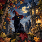 Schilderen op nummer Hoed, kat en herfstbladeren – Halloween