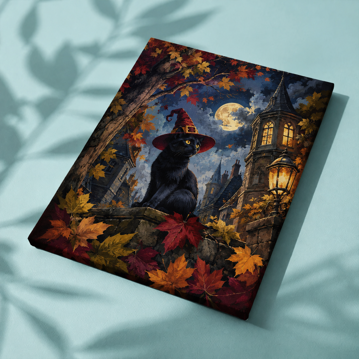 Afgewerkt canvas Hoed, kat en herfstbladeren op stof
