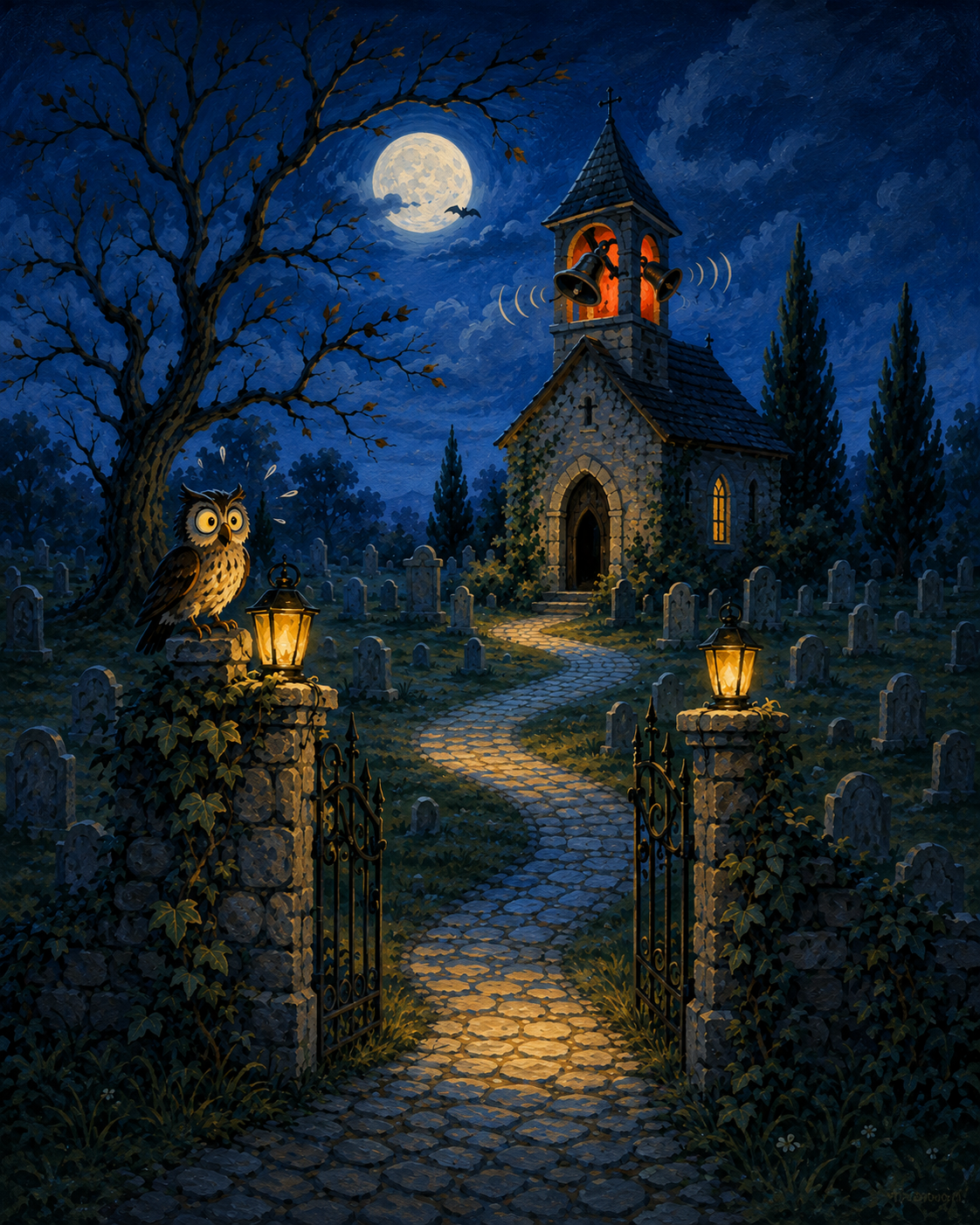 Schilderen op nummer Klokken boven de oude kapel – Halloween