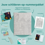 Inhoud van het schilderen-op-nummerpakket Nachtwacht bij de kasteelpoort