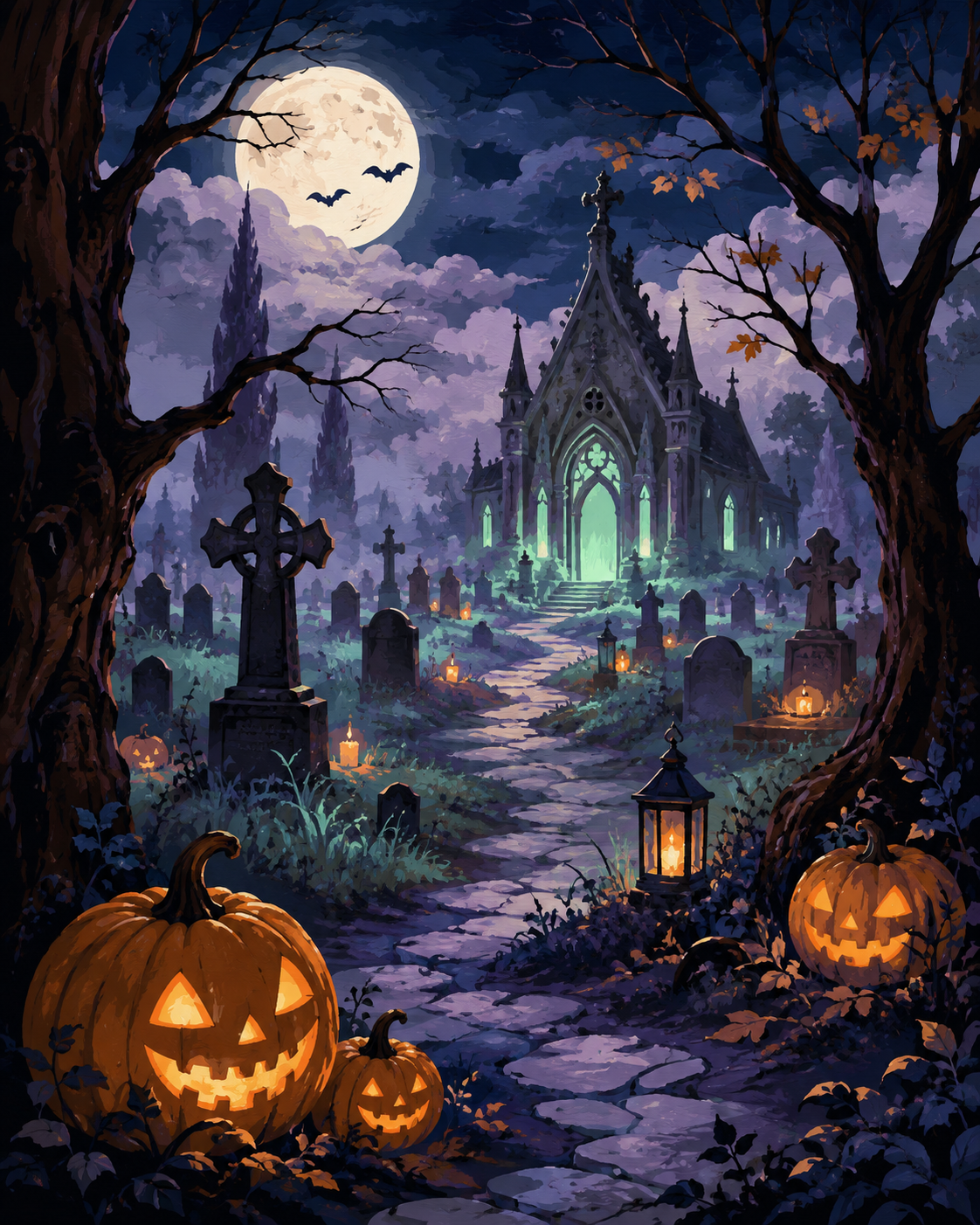 Schilderen op nummer Neonlichten op het kerkhof – Halloween