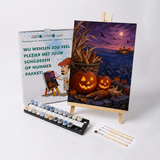Schilderen op nummer Oktoberschemering boven het korenveld met verf en penselen