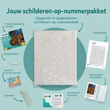 Inhoud van het schilderen-op-nummerpakket Oogstfeest in het pompoendorp