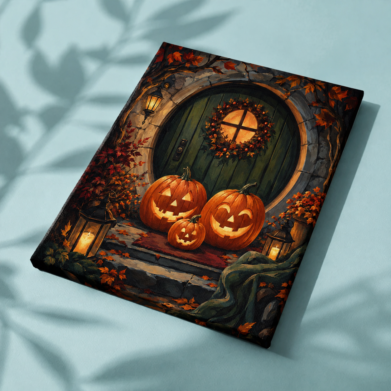 Afgewerkt canvas Pompoenfamilie voor de deur op stof