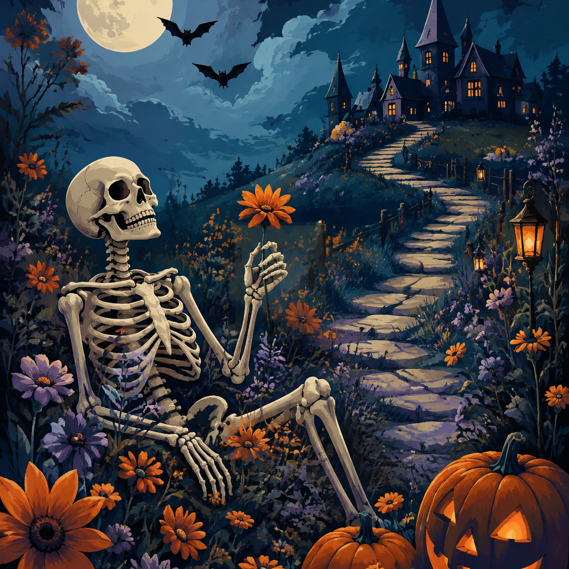Schilderen op nummer Skelet tussen wilde bloemen – Halloween
