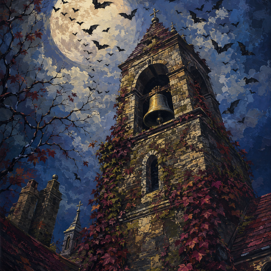 Schilderen op nummer Vleermuizen boven de klokkentoren – Halloween