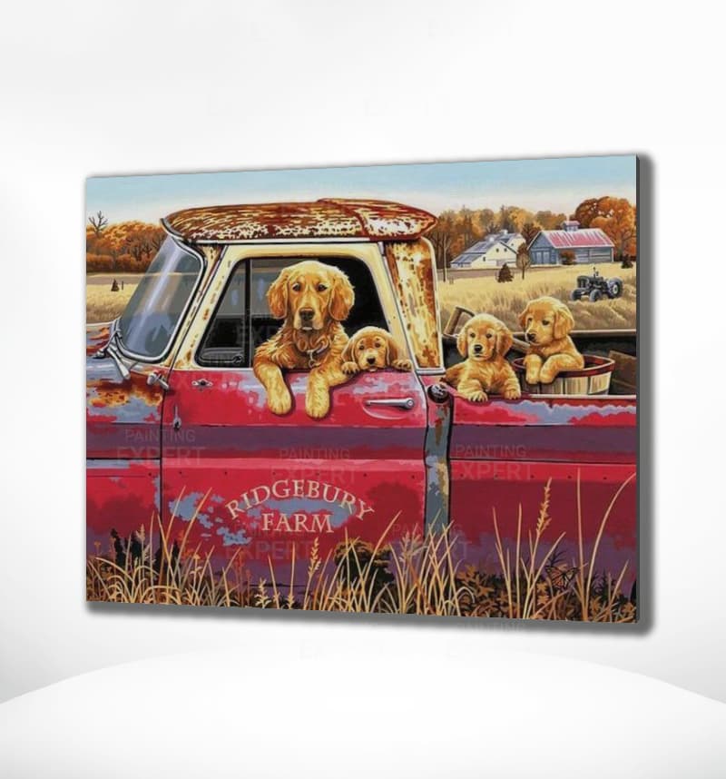 Schilderen op Nummer Honden in Rode Auto