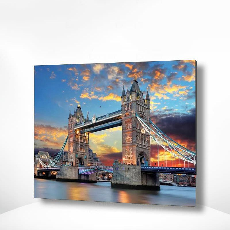 Schilderen op nummer Bridge of Londen met Zonsondergang